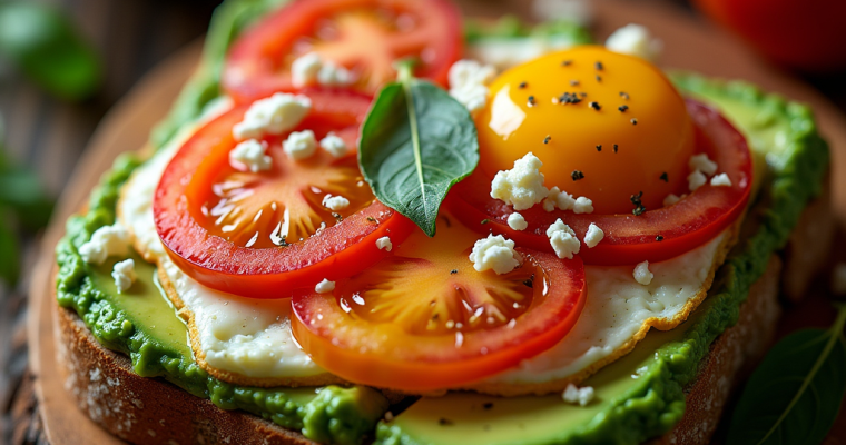 avocado toast topped with tomatoes and egg