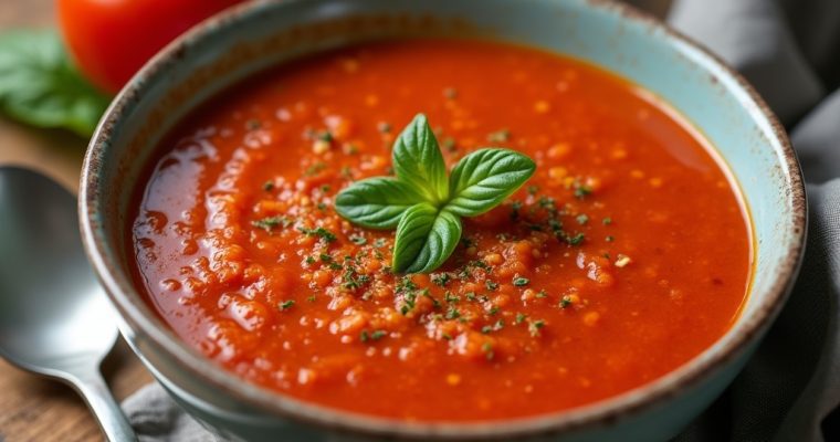 Bowl of creamy tomato soup with basil leaves and croutons