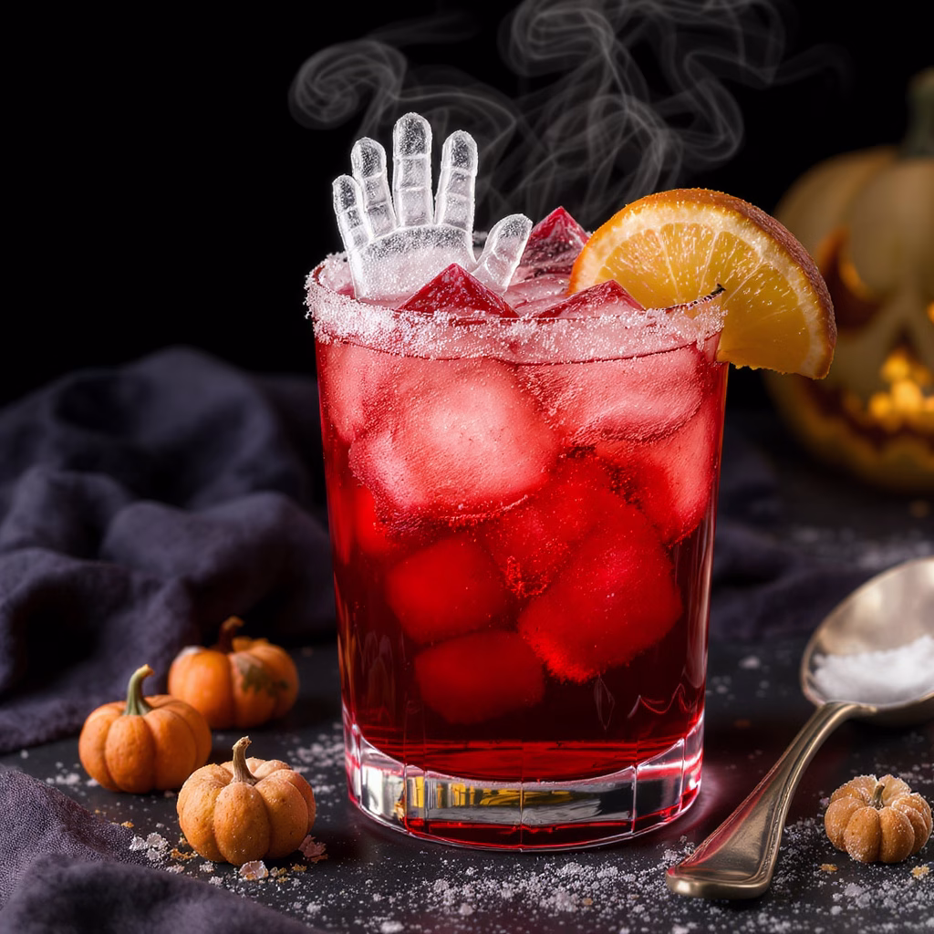 Bloody Halloween Punch with red juice, ice cubes, and spooky lychee eyeballs