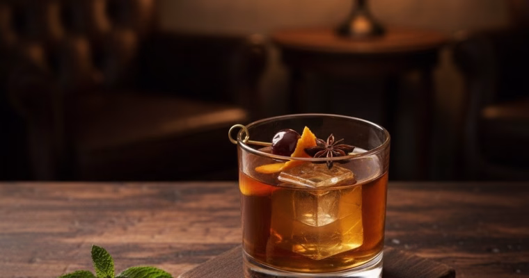 Old Fashioned cocktail with orange peel on ice in a rocks glass